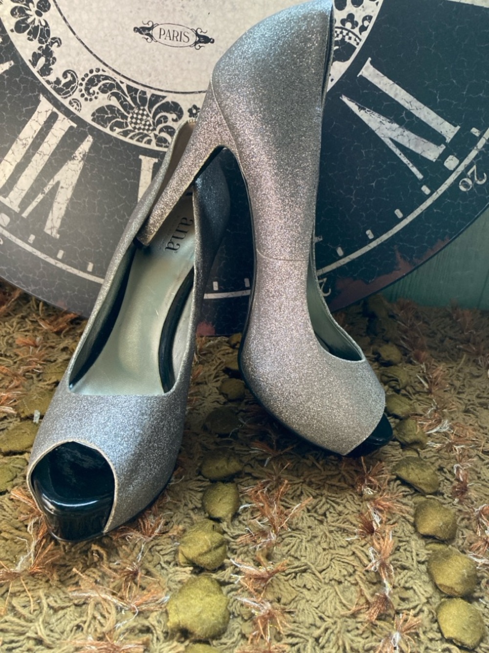 a.n.a. Size 8.5 silver sparkle peep toe high heels
